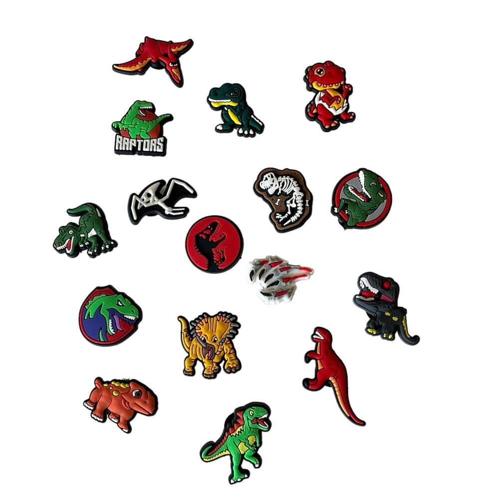 NEW Dinosaur SHOE CHARMS 14pc for Croc Clogs Zip Bags T-Rex Raptors Skeleton +
